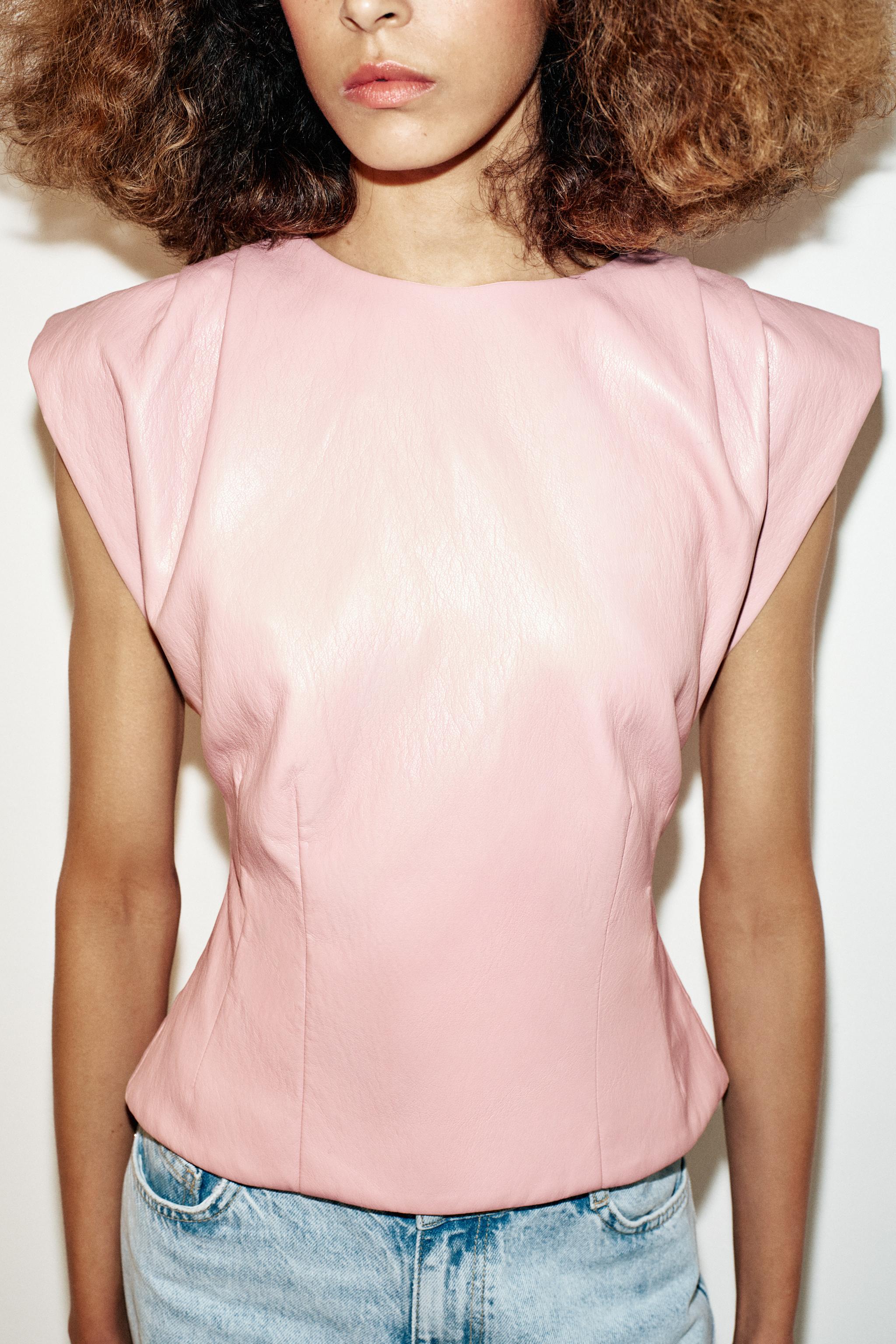 FAUX LEATHER SHOULDER PLEAT TOP